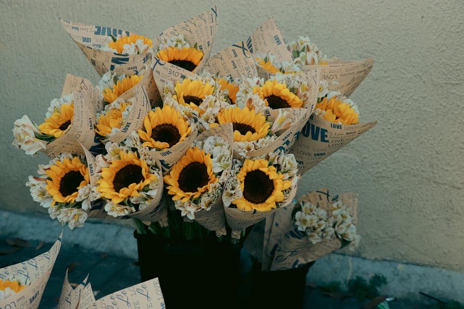 A collection of fresh sunflower bouquets arranged with white and yellow blossoms, wrapped in printed kraft paper with blue text, and placed in black vases on a dark surface against a textured beige wa