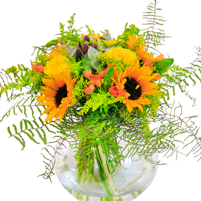 Evoking the sunlit energy of Somers Town's lively markets and garden squares, this generous bouquet is a pictorial feast of yellow sunflowers and garden roses, their petals catching the light in a vivid display of warmth. Each sunflower blossoms boldly, dark centres ringed by radiant gold, while clusters of tightly ruffled yellow roses intertwine, unfurling layer by layer in an intricate dance. Here and there, flashes of bright red Hypericum berries nestle within a lush thicket of foliage, providing lively highlights that spark the eye, much as murals brighten the alleys near Phoenix Road. The bouquet's foliage abounds with feathery green ferns, delicate filler flowers of solidago, and slender spikes, adding movement and bringing to mind the cheerful wildness of summer mornings spent in Somers Town Community Gardens. The soft, silvery undertones of eucalyptus offer contrast and a whisper of fragrance, rounding out the experience. All stems converge in a shining, spherical glass vase, whose clear sides reveal the fresh green stalks and the cool glimmer of water below-an emblem of freshness and honest craftsmanship. This arrangement is suited for commemorating a graduation, welcoming a friend into a new flat, or bringing a flash of sunshine to a windowsill overlooking Somers Town's bustling streets. Every flower and leaf is placed with expertise and care by local florists who take pride in the area's charm and community spirit.