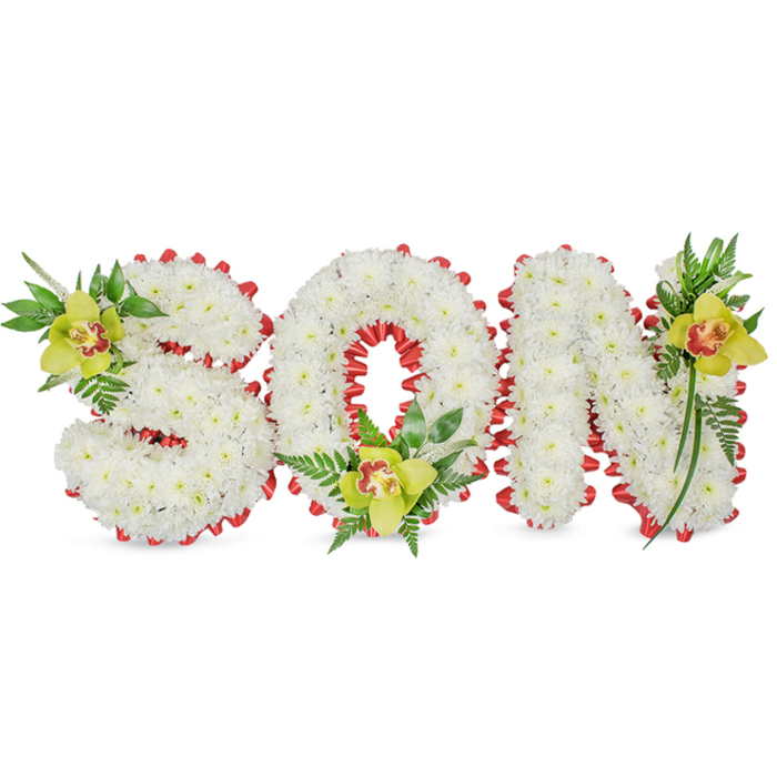 A carefully composed sympathy tribute, photographed against a clean white background, that spells the word SON in substantial three-dimensional lettering. Each letter is built from a dense carpet of small white chrysanthemums whose uniform petals create a serene, pebble-soft surface suggesting purity and reverence. Tracing the edges of every letter is a continuous ribbon of bright red, folded into scalloped loops to frame the white blooms and give the piece a poignant flash of colour-red as love threaded through grief. The arrangement is given focal contrast by three yellow-green Cymbidium orchids with warm reddish-brown throats: one poised along the upper left curve of the S, another nestled at the base of the O's inner circle, and a third sitting toward the top of the N. These orchids are set among sprigs of fern and longer glossy foliage, whose varying leaf shapes supply vertical lift and soft, natural movement. The orchids' satiny petals and the chrysanthemums' cushiony texture are accentuated by soft, even lighting that keeps the composition gentle and contemplative. This design is intended as a bespoke funeral or memorial piece-suitable for display in a local chapel near Granby Terrace or laid at a graveside service in the Somers Town area-and speaks of careful craftsmanship, local sensitivity, and an intention to honour memory with beauty and restraint. The overall effect is one of calm dignity, a floral language of remembrance and quiet love.