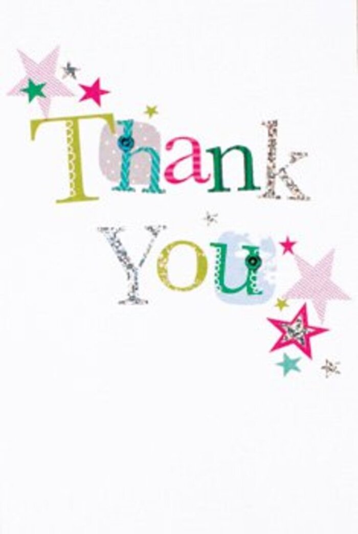 With a quietly exuberant presence, this thank you card's design feels tailor-made for the dynamic heart of Somers Town. The graceful arrangement of its letters, some adorned with playful dots or whimsical curves and others shaped by elegant, musical lines, suggests both joy and refinement. Festive stars, striped in sparkling pink or washed in deep turquoise and silver, cluster near the handwritten message, reminiscent of the twinkling lights after a community event along Eversholt Street. The composition breathes with airy modernity, set on a crisp white background that brings to mind freshly unfurled petals at Somers Town's flower stalls. Subtle textures and shimmering touches hint at artisan craft and artistry, while the mood remains universally warm-not too formal, not too casual-a design as welcoming as the neighbourhood itself. Whether it's nestled alongside a bright thank you bouquet from Flower Delivery Somers Town, or offered on its own, the card radiates uplifting appreciation. It's a beautiful gesture for any occasion, its enduring sentiment making it as comforting as a familiar walk through Somers Town's lively streets.