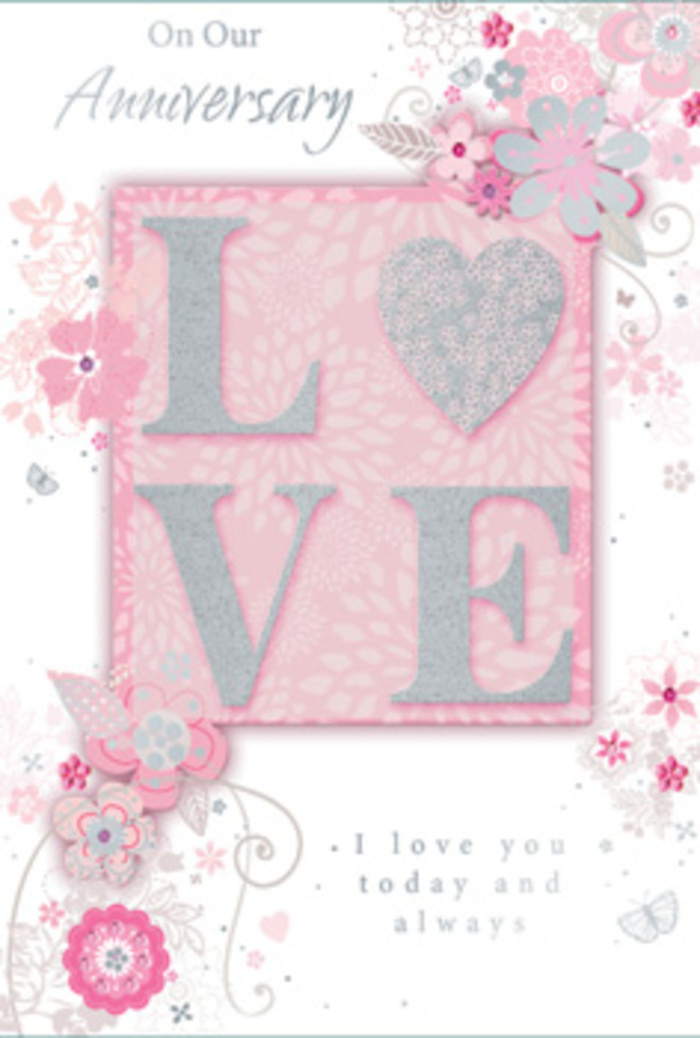 This anniversary card is depicted like a little oasis of love, reminiscent of sunlight filtering into a Somers Town flat where a bouquet has just been placed on the table. The central word LOVE dominates the composition, rendered in tall, graceful letters and finished with a frosted, glittery texture that appears both soft and sparkling. Each letter has raised edges that would feel satisfyingly textured under a fingertip, and the glitter catches the light in shades of blush pink, ivory, and silver, like the varied tones of petals in a hand-tied arrangement. Around this word, wispy, hand-drawn blooms and airy sprays meander along the top and sides of the card. The flowers are delicate, with fine linework and gentle washes of colour in pink, lilac, and ivory that resemble watercolour sketches unrolling across the card. Tiny leaves, curving stems, filigree flourishes, and almost-hidden butterflies are tucked into the design, adding layers of discovery much like noticing new details in a mixed bouquet day after day. The background is a soft blush, diffused so that the entire card feels bathed in warm light. Towards the lower part of the design, a simple yet heartfelt message-I love you today and always-is printed in an understated, elegant font. The phrase sits quietly among the floral motifs, not shouting but gently affirming ongoing devotion. The composition has the same thoughtful balance a Somers Town florist might bring when preparing anniversary flowers for delivery to nearby streets and apartments: a mix of romance, artistry, and everyday warmth that honours love not just on one day, but in all the ordinary days that follow.