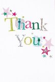 This thank you card carries a gentle, uplifting energy, as though each colourful detail was chosen to brighten the spirit of a Somers Town friend. The phrase 'Thank You' unfolds in playful font, each letter a celebration of pattern and texture-silver that glimmers like early morning dewdrops, sunny yellow and bright blue, with some letters dotted or stitched to convey a touch of handcrafting. Scattered stars in pink, teal, and shimmering silver seem to dance lightly around the message, conjuring the joyful feeling of a Somers Town street festival. The background is crisp, pure white, giving all the lively hues and textures room to shine. The letters and stars are arranged with an airy grace that never feels busy, creating a visual rhythm as easy and heartfelt as a friendly thank you delivered in person after a gathering at Polygon Road. Imagine this card accompanying a fresh, local bouquet: together they shimmer with appreciation, reflecting the sincerity and gentle whimsy of Somers Town's valued community spirit.